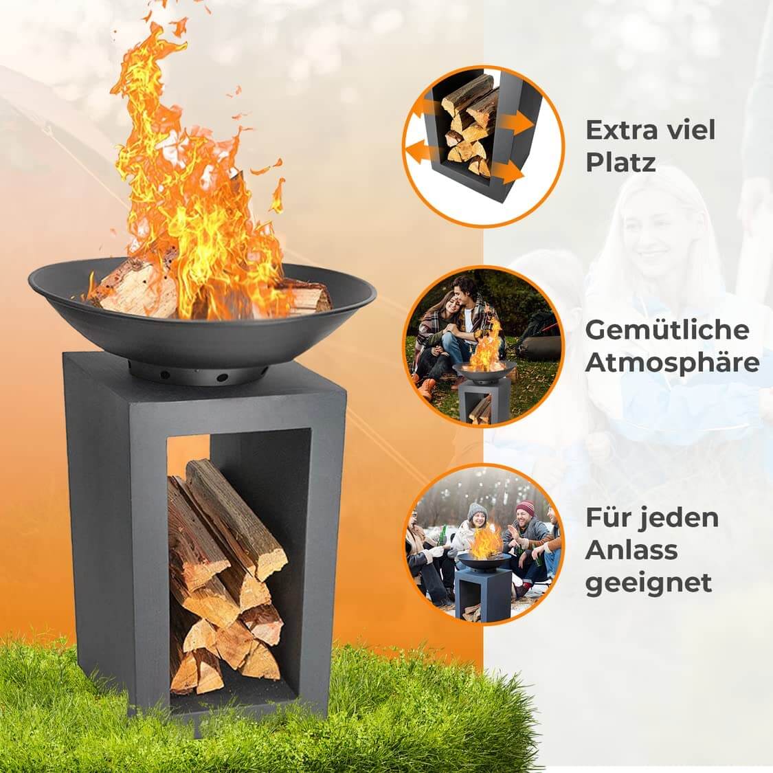 DRULINE Moderne Feuerschale für den Garten Sicher & Stabil Feuerkorb Feuerstelle schwarz Feuererlebnis