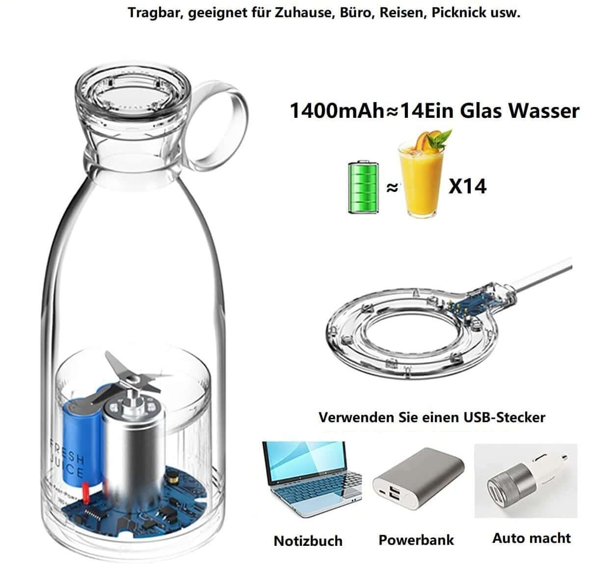 DRULINE Blender Smoothie Makers, 350ml Tragbarer Mixer Mini Jug Blenders